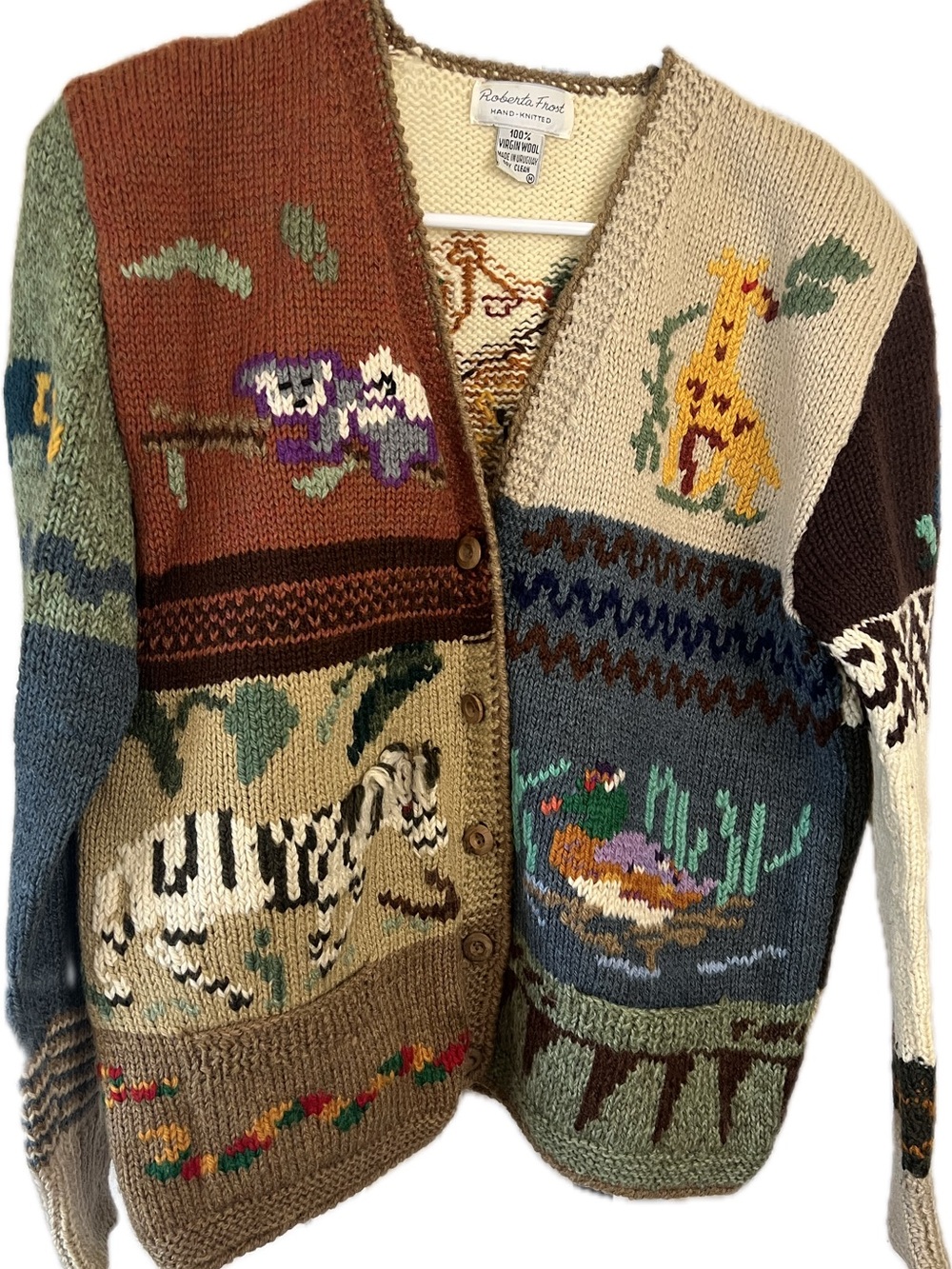 Vintage 80’s Roberta Frost Jungle,Animals Intarsia Wool Cardigan women